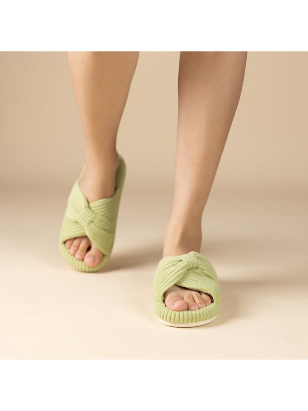 Women's Green Memory Foam House Corduroy Bow Crossbands Comfy Soft Slipper Shoes - Picture 2 of 6